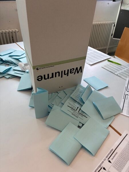 Wahlurne: umgedreht und entleert, Wahlscheine liegen daneben